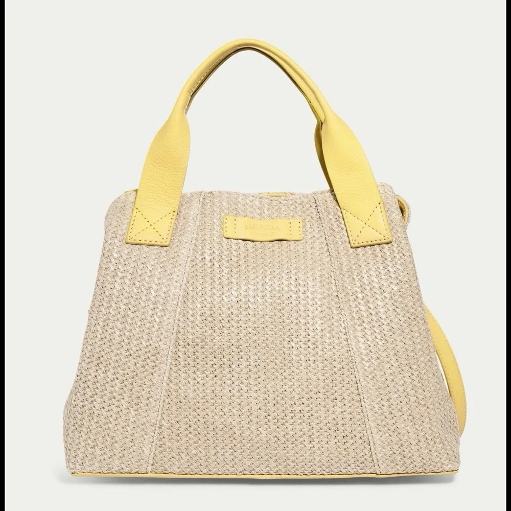 American Leather Co Raffia Bag Satchel Yellow Ada Triple Entry